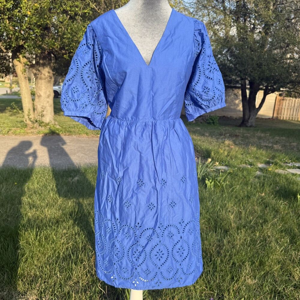 Old Navy Dress Womens L Tall Blue Puff Sleeve Cotton Eyelet Boho Cottage NWT